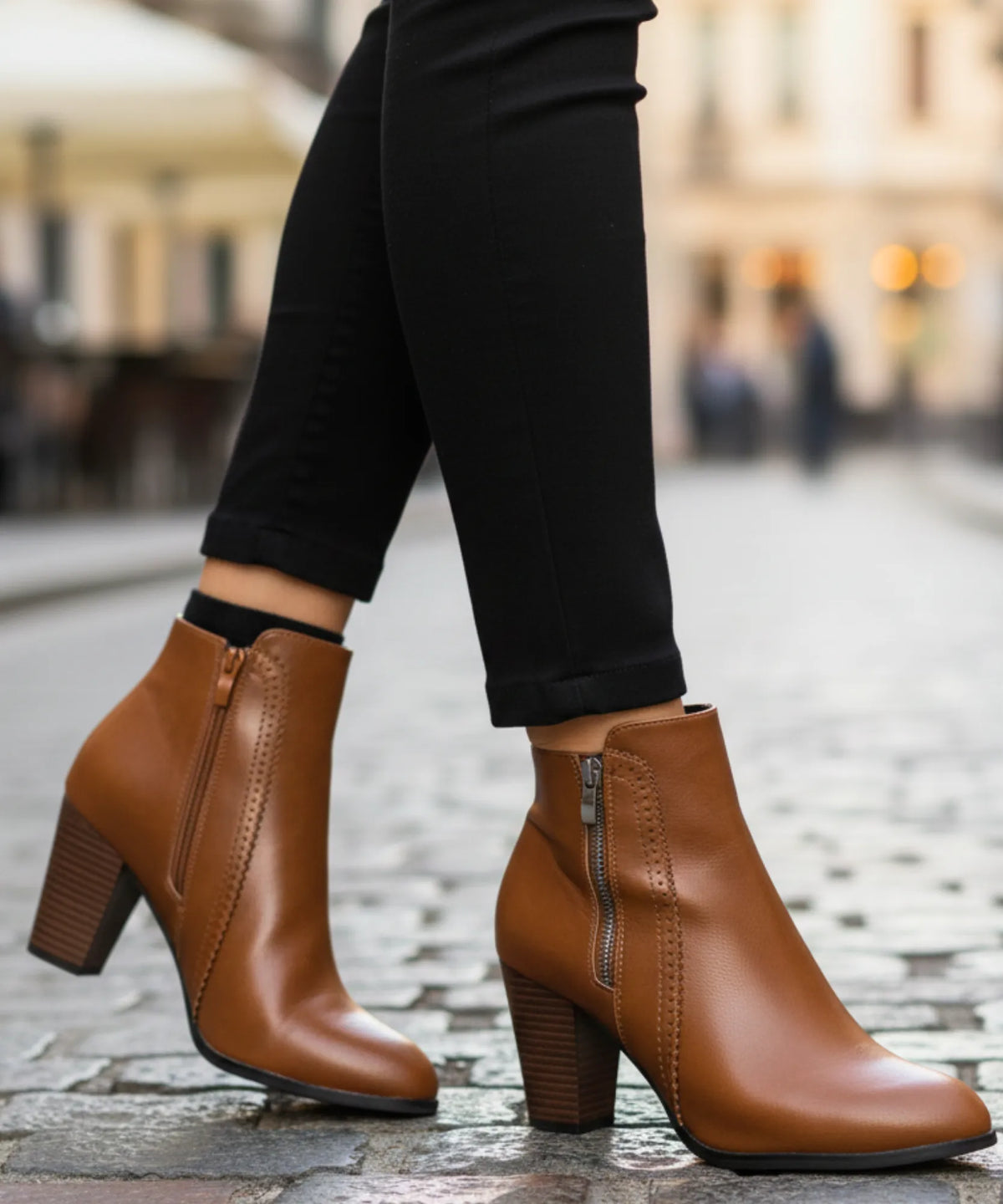 Damen Leder-Stiefeletten in Cognac mit Blockabsatz und Seitenreißverschluss