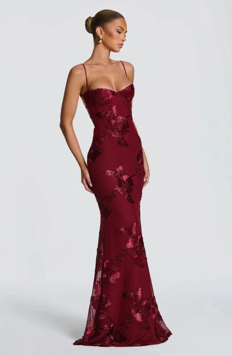 Rosavelle Damen Maxikleid mit Blumenapplikationen | Elegantes Ärmelloses Festkleid