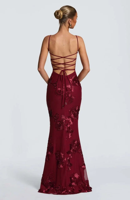 Rosavelle Damen Maxikleid mit Blumenapplikationen | Elegantes Ärmelloses Festkleid