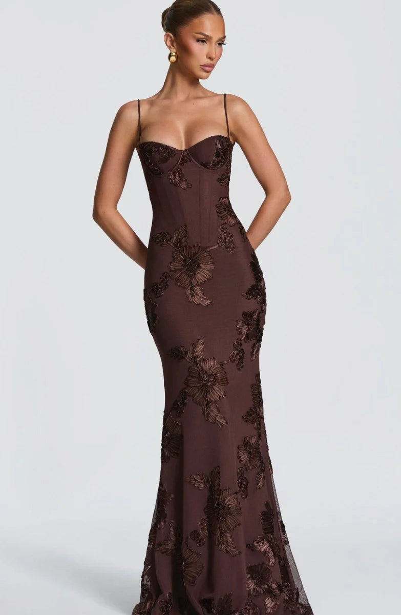 Rosavelle Damen Maxikleid mit Blumenapplikationen | Elegantes Ärmelloses Festkleid