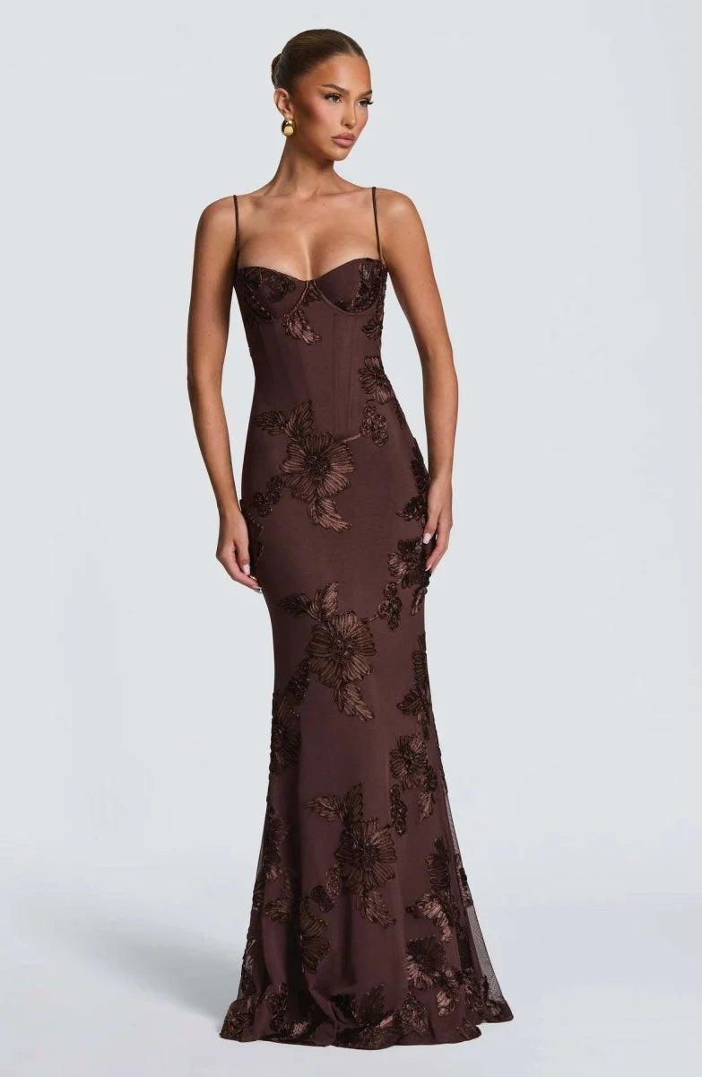 Rosavelle Damen Maxikleid mit Blumenapplikationen | Elegantes Ärmelloses Festkleid