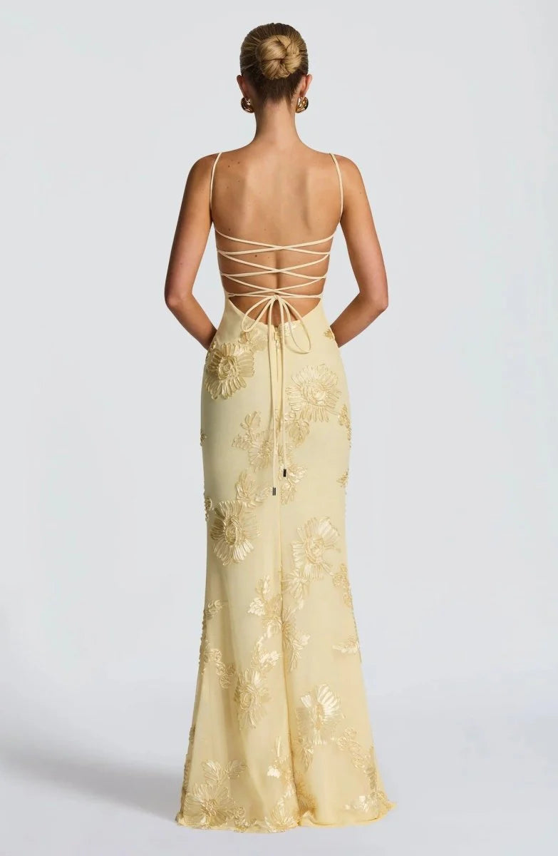 Rosavelle Damen Maxikleid mit Blumenapplikationen | Elegantes Ärmelloses Festkleid