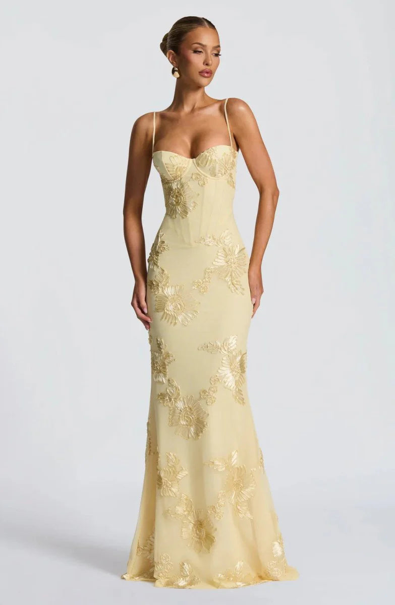 Rosavelle Damen Maxikleid mit Blumenapplikationen | Elegantes Ärmelloses Festkleid