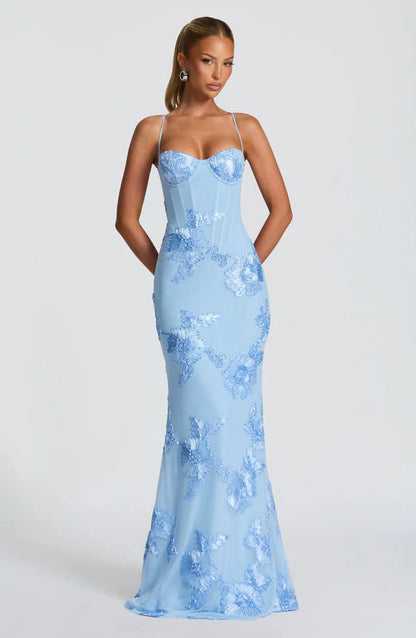 Rosavelle Damen Maxikleid mit Blumenapplikationen | Elegantes Ärmelloses Festkleid