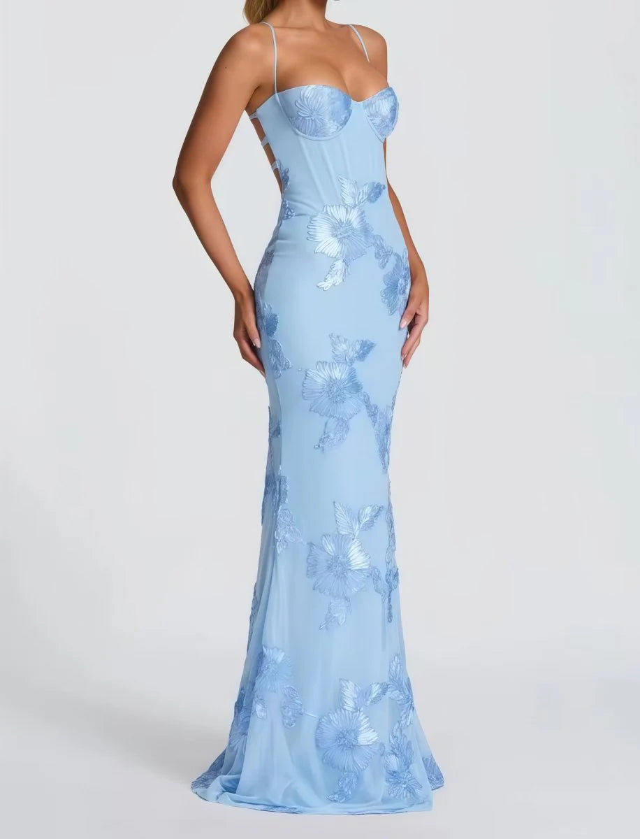 Rosavelle Damen Maxikleid mit Blumenapplikationen | Elegantes Ärmelloses Festkleid