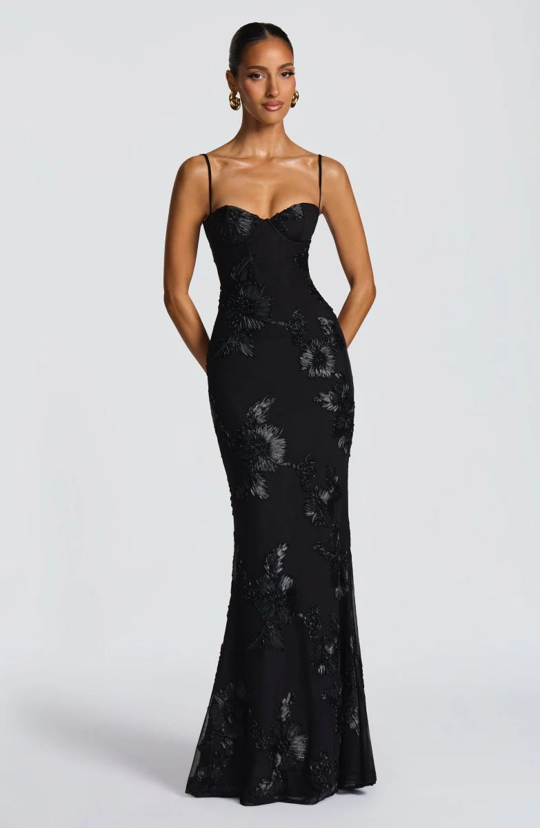 Rosavelle Damen Maxikleid mit Blumenapplikationen | Elegantes Ärmelloses Festkleid