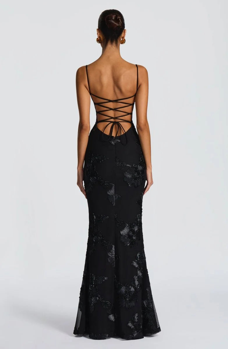 Rosavelle Damen Maxikleid mit Blumenapplikationen | Elegantes Ärmelloses Festkleid