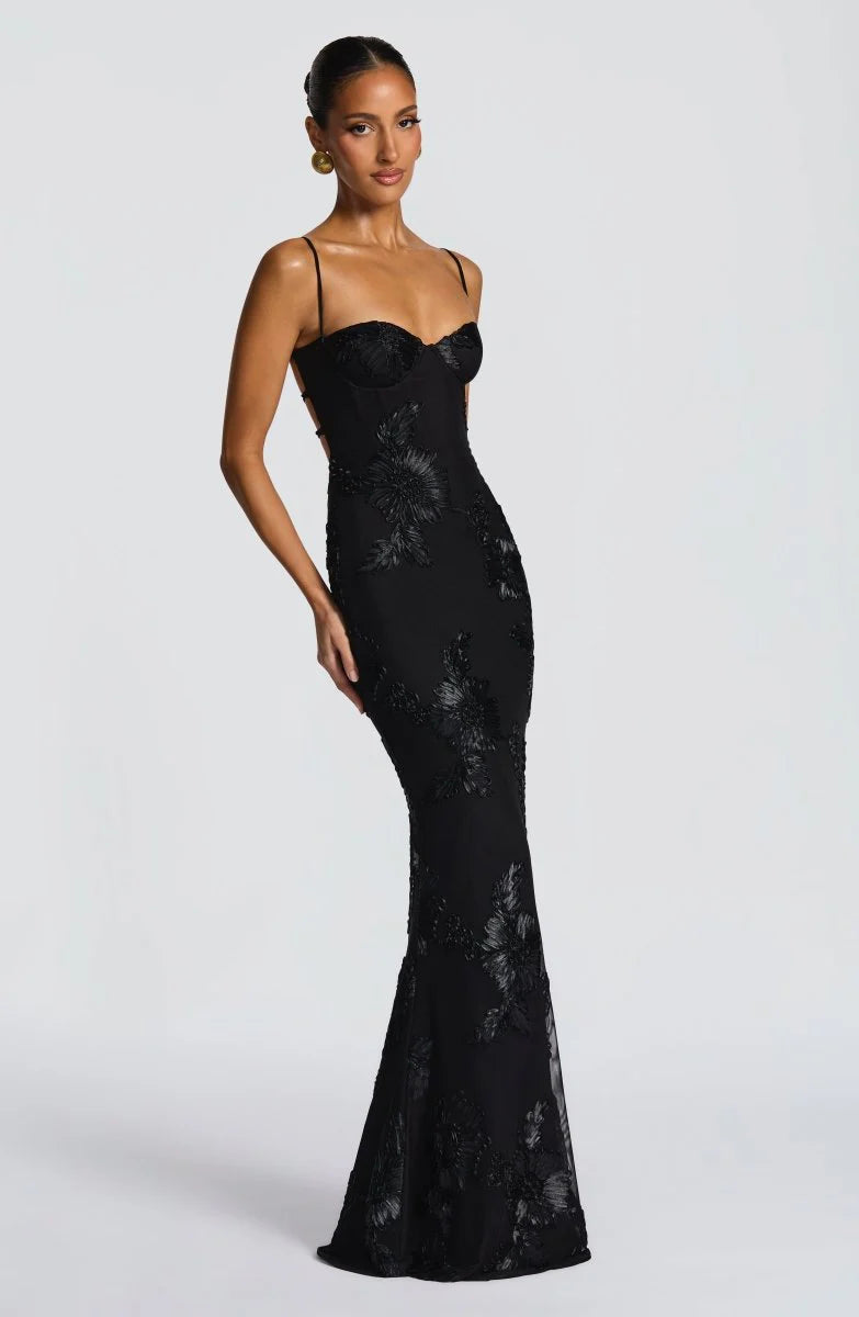 Rosavelle Damen Maxikleid mit Blumenapplikationen | Elegantes Ärmelloses Festkleid