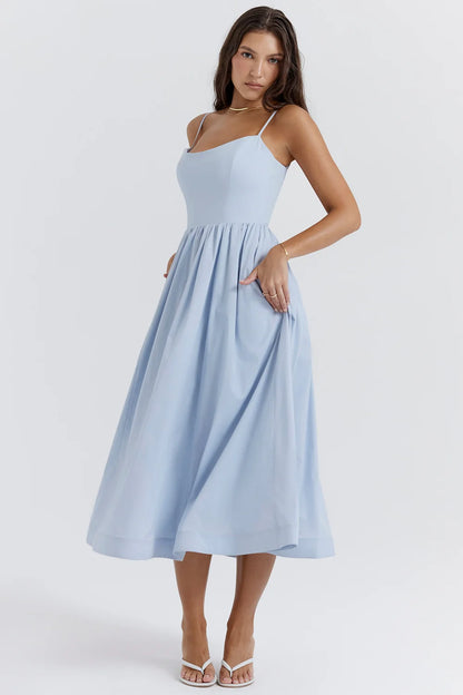 Maison Élise Damen Midikleid mit Karree-Ausschnitt | Spaghettiträger Fit & Flare Sommerkleid