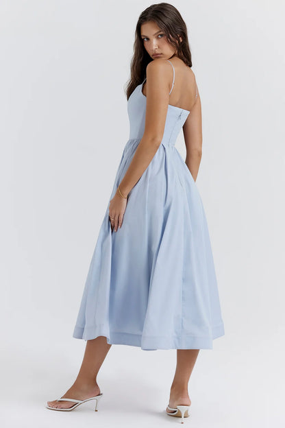 Maison Élise Damen Midikleid mit Karree-Ausschnitt | Spaghettiträger Fit & Flare Sommerkleid