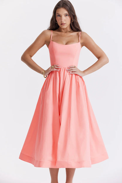 Maison Élise Damen Midikleid mit Karree-Ausschnitt | Spaghettiträger Fit & Flare Sommerkleid