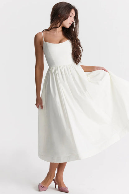 Maison Élise Damen Midikleid mit Karree-Ausschnitt | Spaghettiträger Fit & Flare Sommerkleid