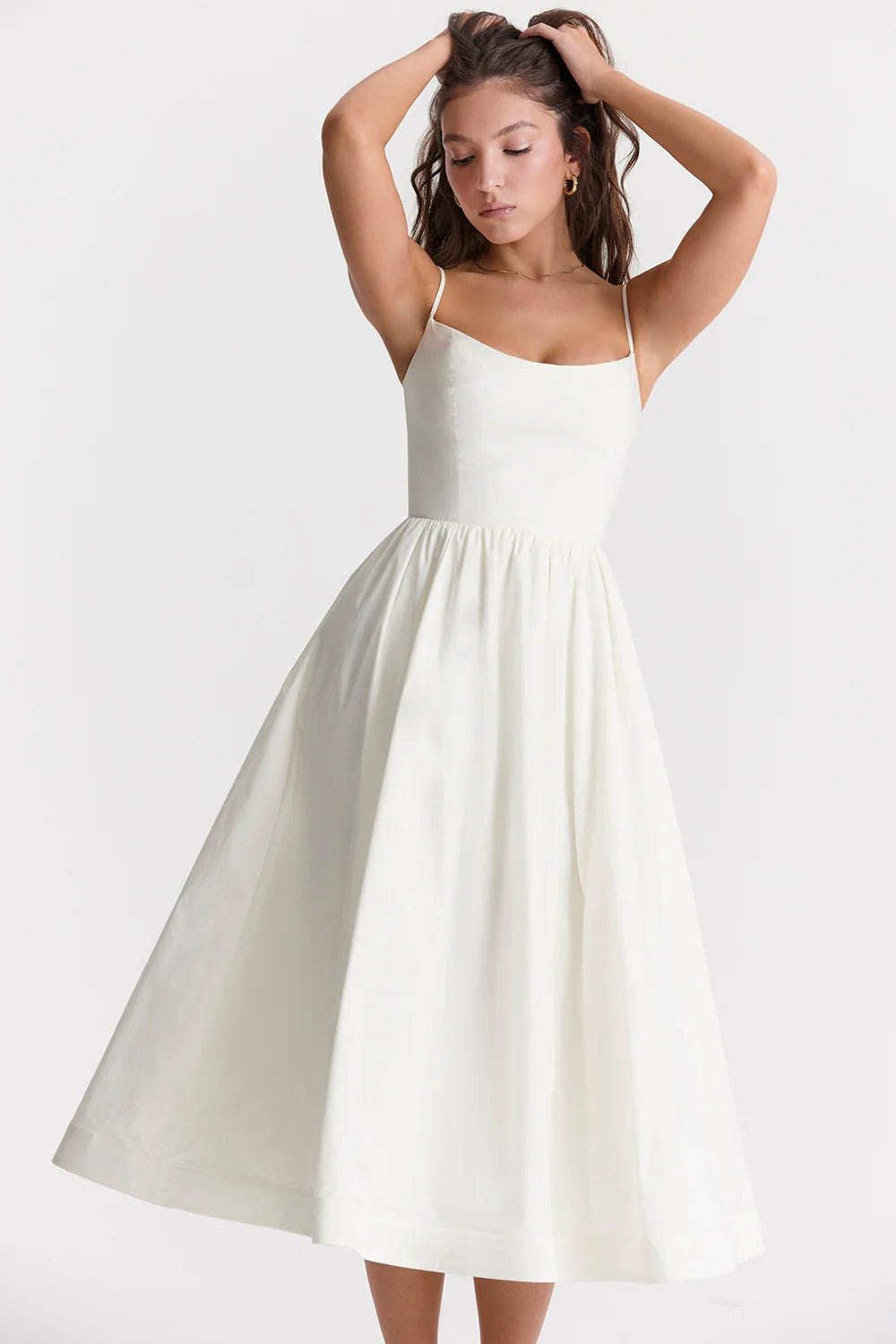 Maison Élise Damen Midikleid mit Karree-Ausschnitt | Spaghettiträger Fit & Flare Sommerkleid