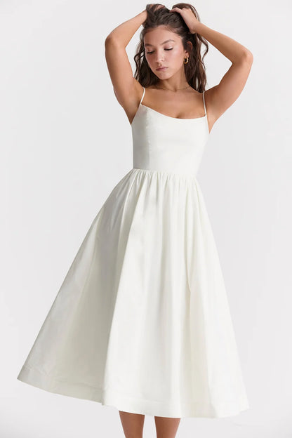 Maison Élise Damen Midikleid mit Karree-Ausschnitt | Spaghettiträger Fit & Flare Sommerkleid
