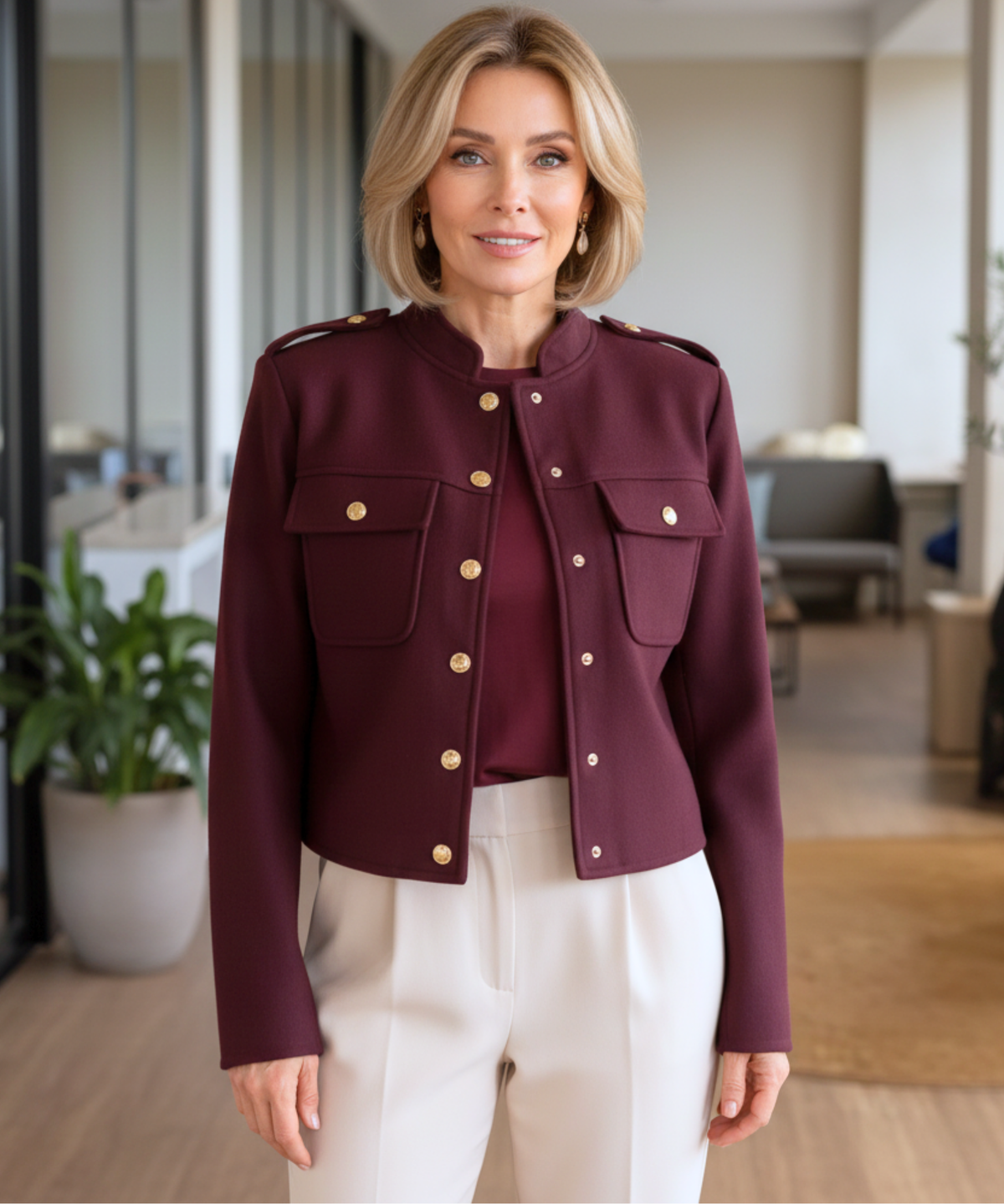 Wolljacke in Elfenbein mit femininer Silhouette und Golddetails