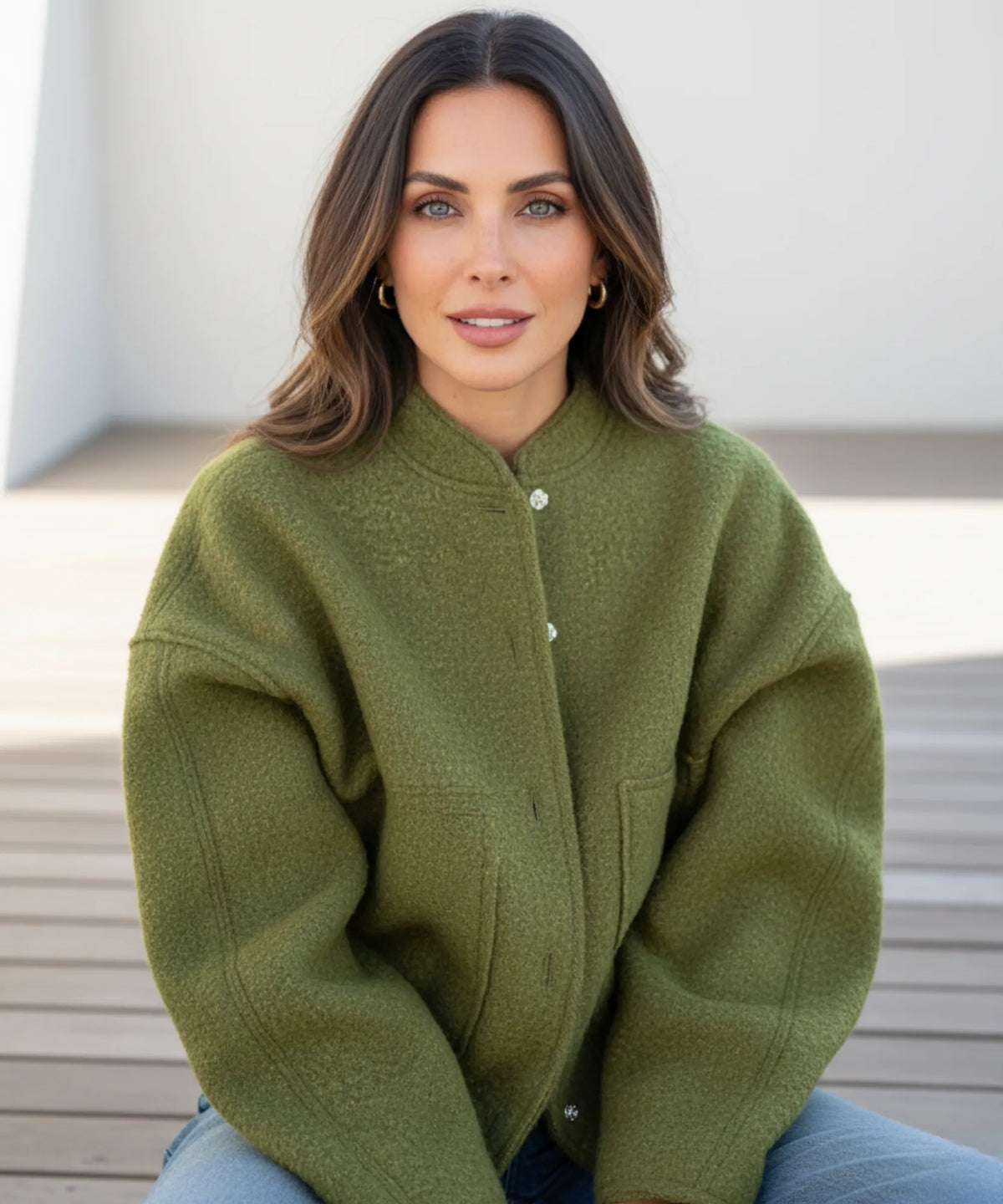 Bouclé Bomber-Jacke in Gelb – Damen Frontansicht