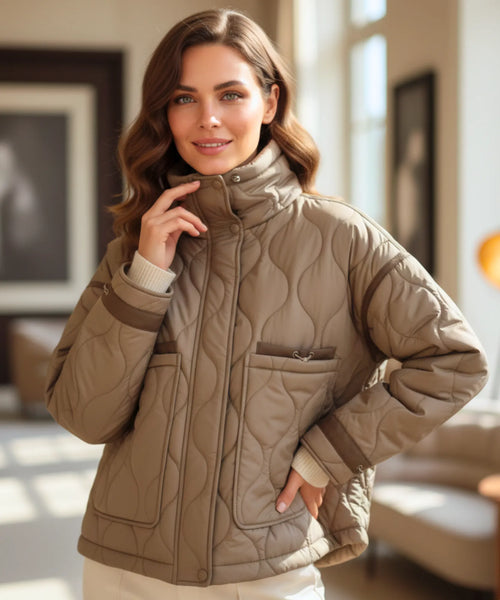 Damen oversized Steppjacke in Olivgrün mit geometrischer Steppung