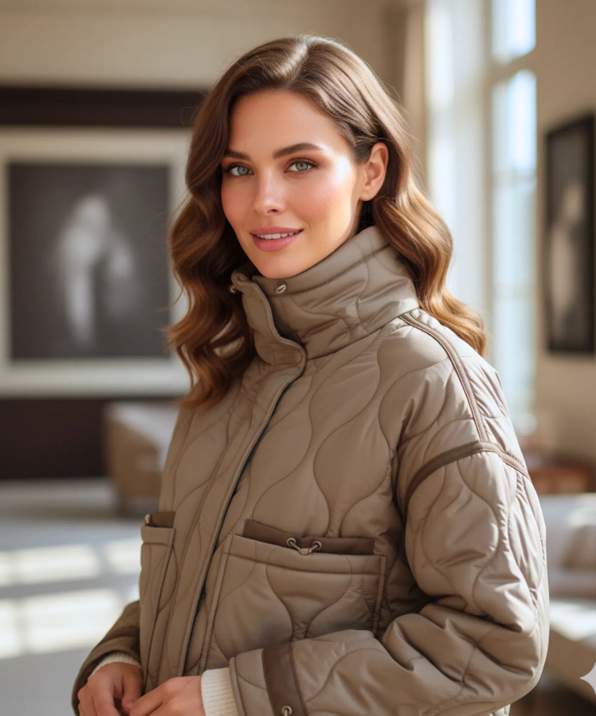 Oversized Steppjacke Weiß – geometrische Steppung Detailansicht