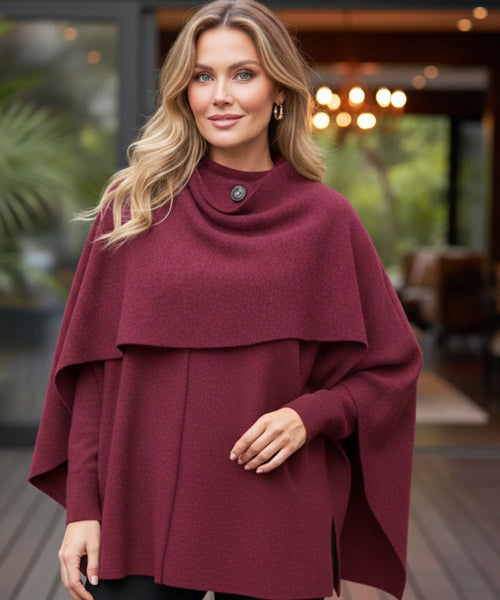 Damen Oversized Woll-Wickelmantel in Bordeaux mit Schalkkragen