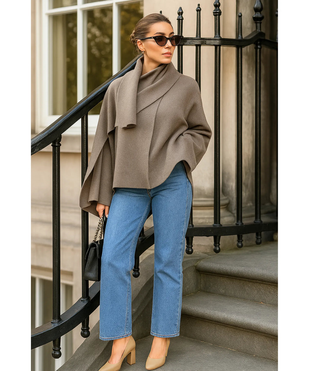 Damen Wollmantel Schalkkragen in Bordeaux – Styling mit Hose