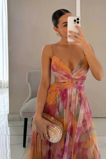 Fiora Belle Damen Plissiertes Maxikleid | Elegantes Fließendes Kleid für Festliche Anlässe