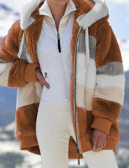 Weiche Damen-Plüschjacke in Grün, mittellang, Casual-Look