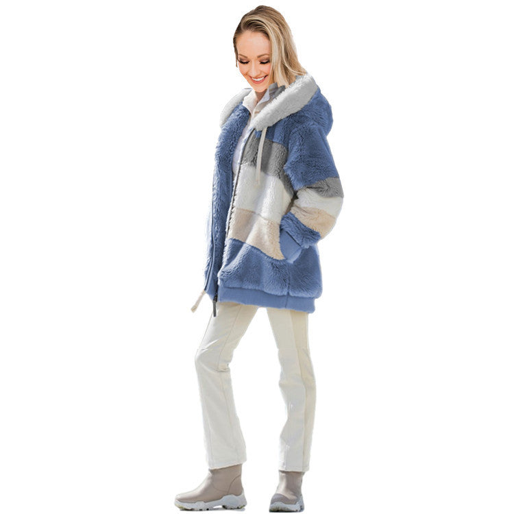 Damen Plüsch-Cardigan mit Multicolor-Muster, Loose Fit