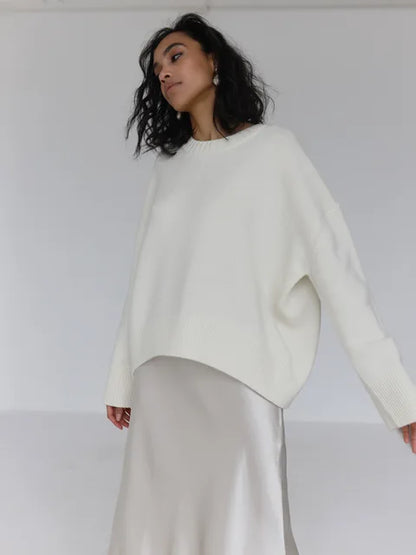 Celina Damen Langarm-Pullover in Beige – zeitloser Rundhals-Strickpullover