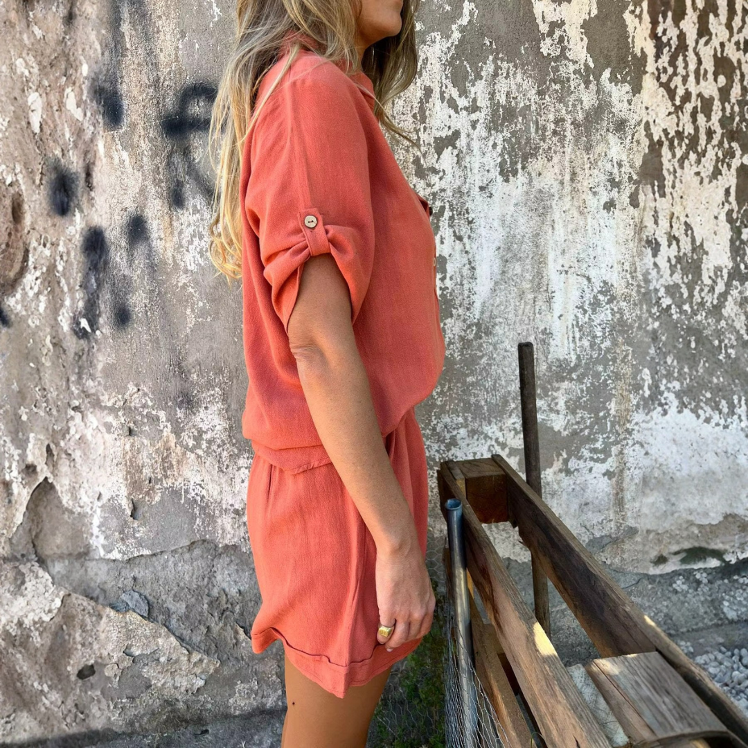 Lena Zweiteiler-Set Damen Hemd und Shorts in Weiß