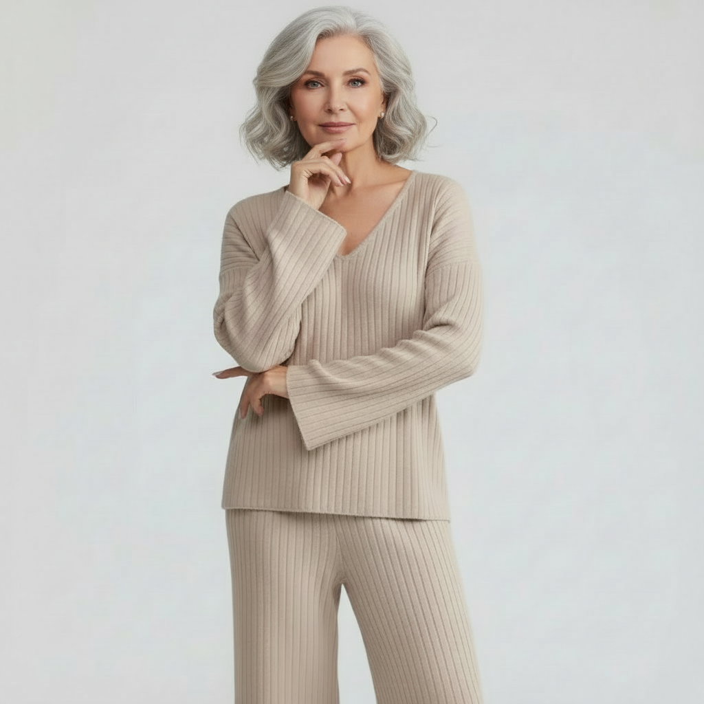Lena Damen Strick-Loungewear Set in Beige mit V-Ausschnitt und weiter Hose