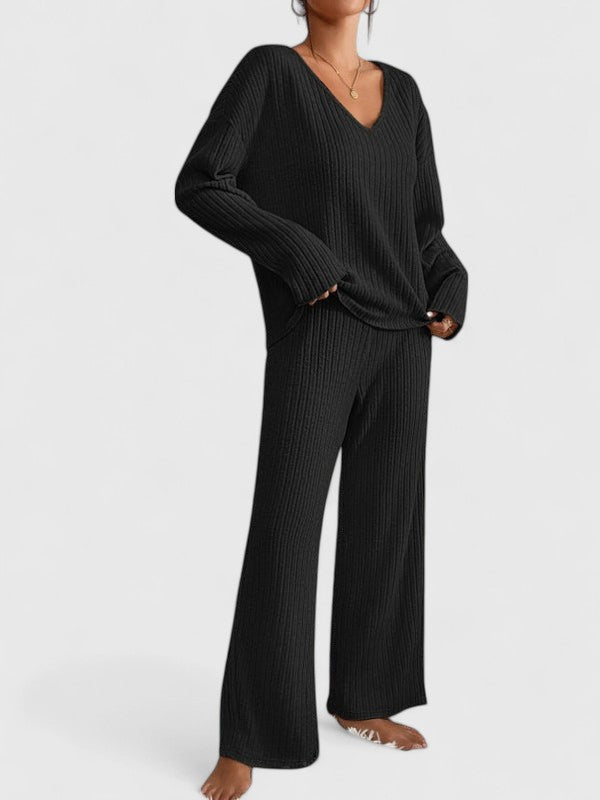 Schwarzes Strick-Loungewear-Set für Damen mit fallendem Schulterdetail