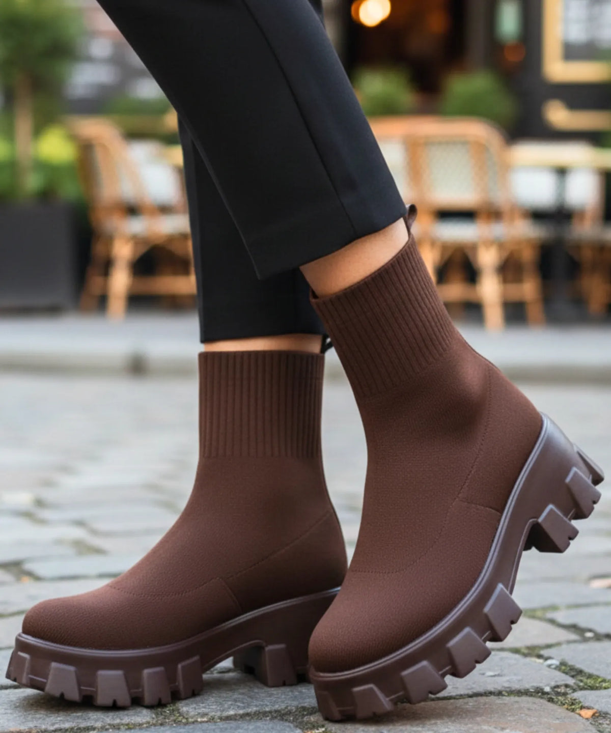 Damen Strick-Sockenstiefel mit Profilsohle in Schokoladenbraun
