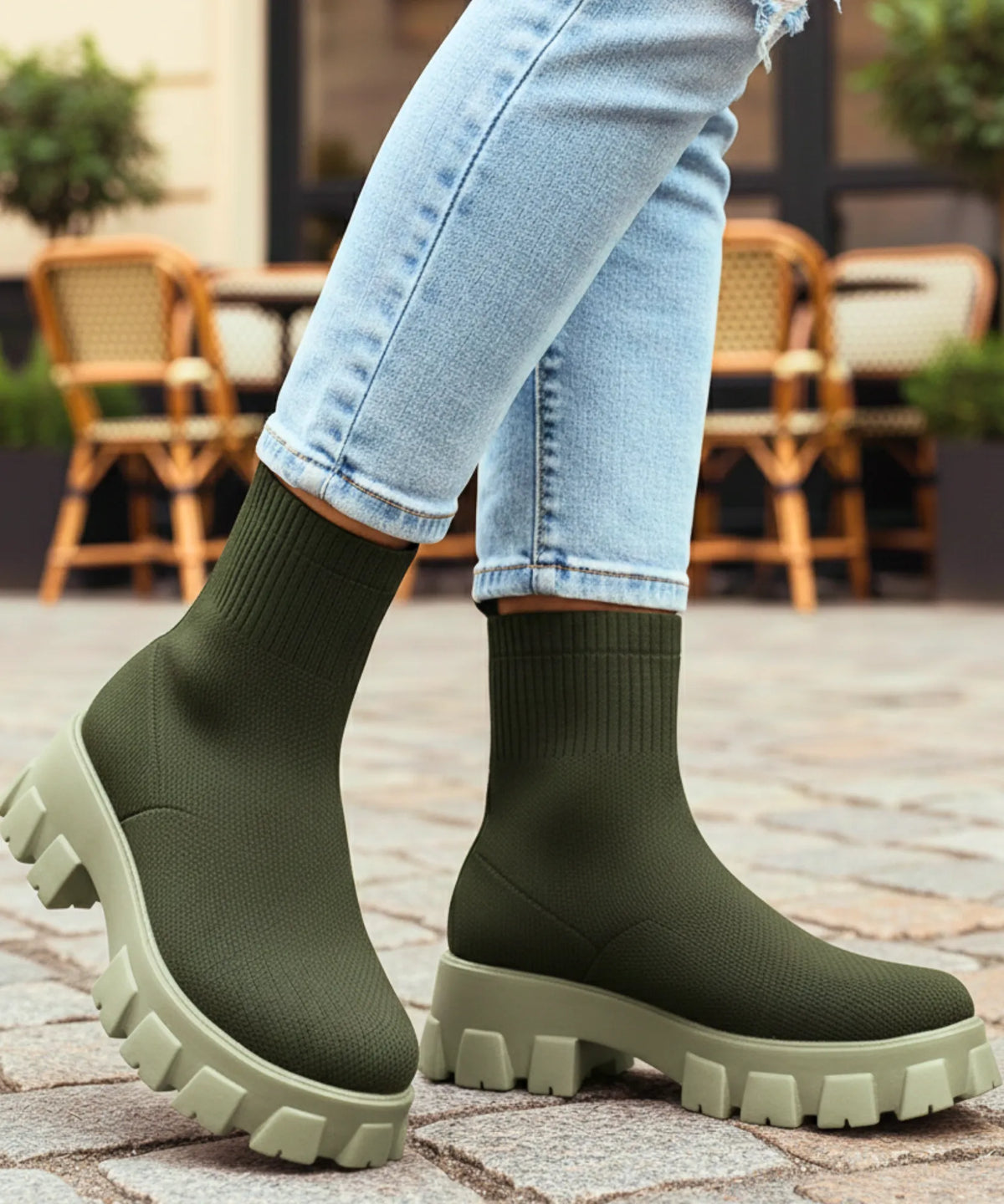 Damen Sockenstiefel in Armeegrün – Rückansicht mit Schaftdetail