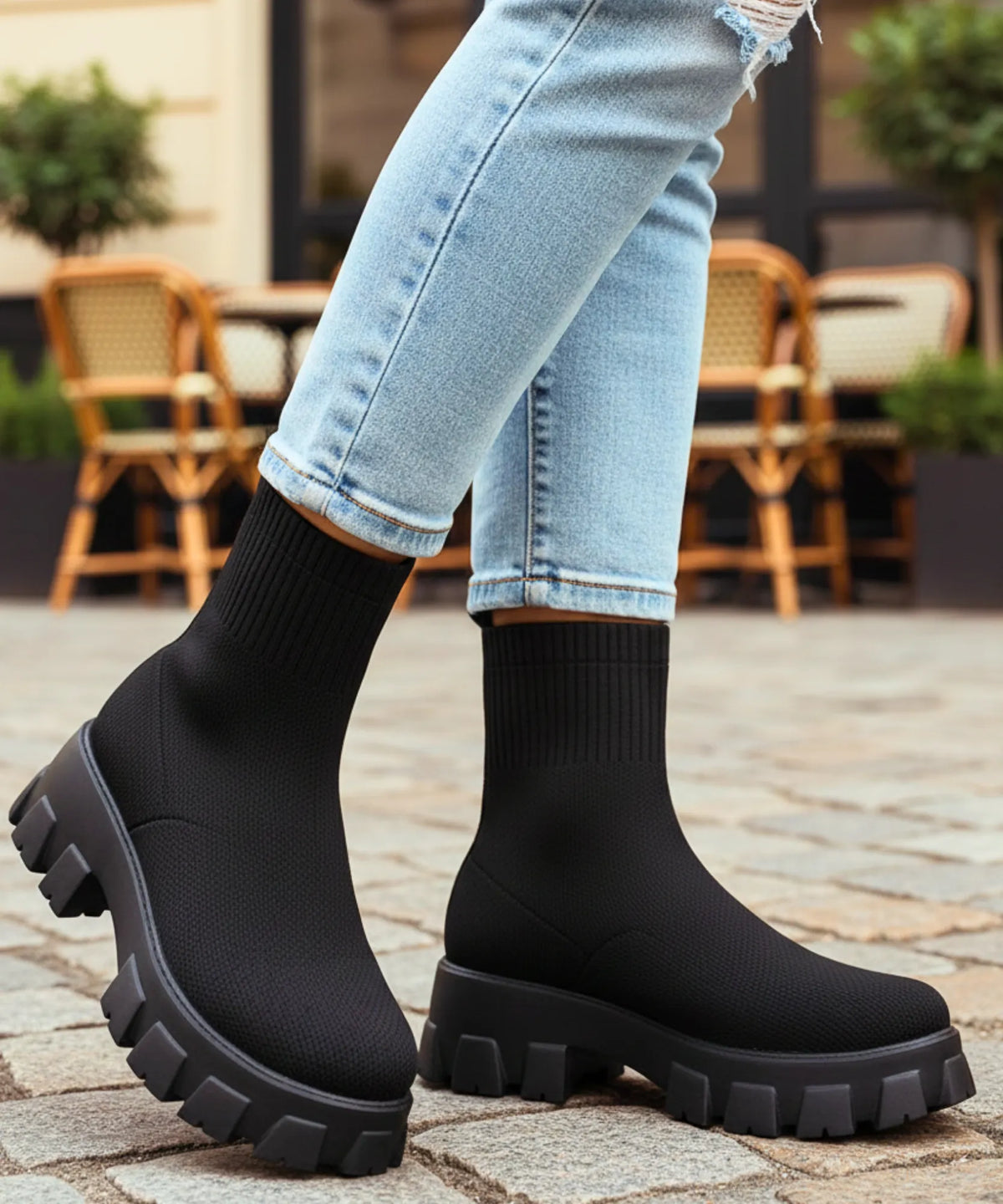 Damen Sockenstiefel in Armeegrün mit tiefgenutetem Lug-Sole