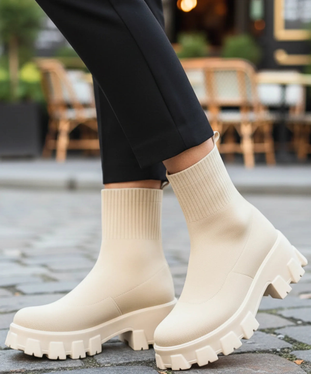 Damen Sockenstiefel Strickobermaterial in Detailansicht – Elfenbein