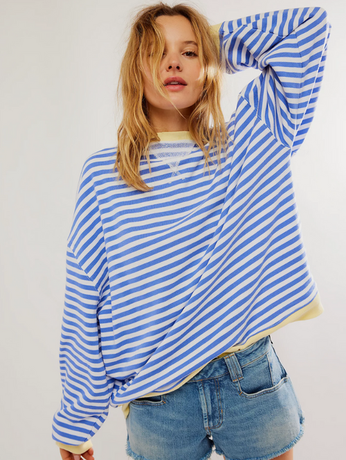 Lena Damen Strickpullover in Hellblau mit lockerem Schnitt und Streifenmuster