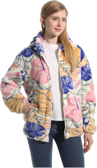 Florette Damen Teddy Fleece Jacke mit Blumendruck und Kapuze – Vorderansicht