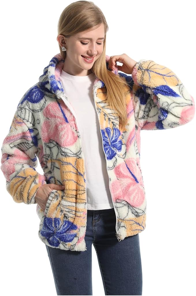 Florette Fleece Jacke Damen – Detailaufnahme Blumendruck und Reißverschluss