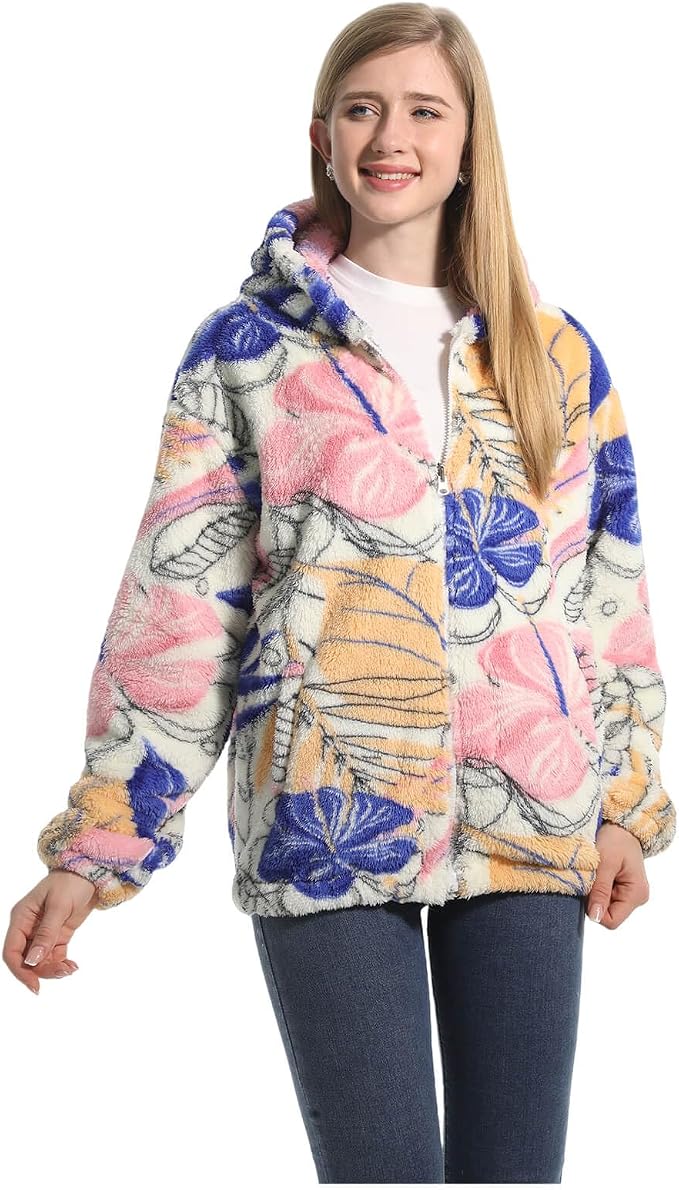 Damen Fleece Jacke Blumendruck – kombiniert mit Jeans, lässiger Look