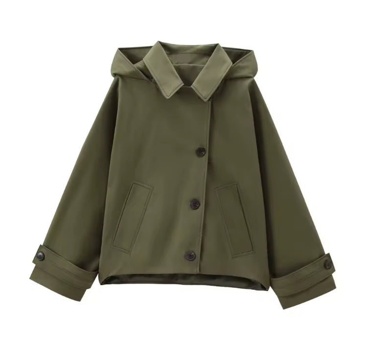 Trenchcoat Damen in Khaki – weicher Synthetikstoff, Übergangsmantel