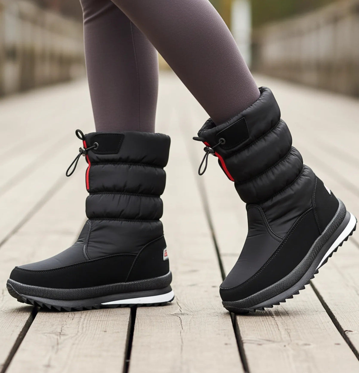 Damen Puffer-Schneestiefel Plateausohle 1,5 cm Detailaufnahme Schwarz