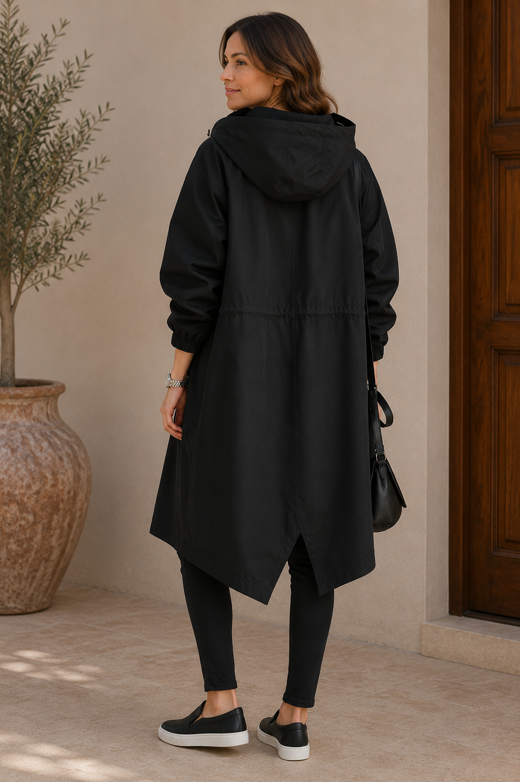 Wasserdichte Damenjacke mit Kapuze in Schwarz