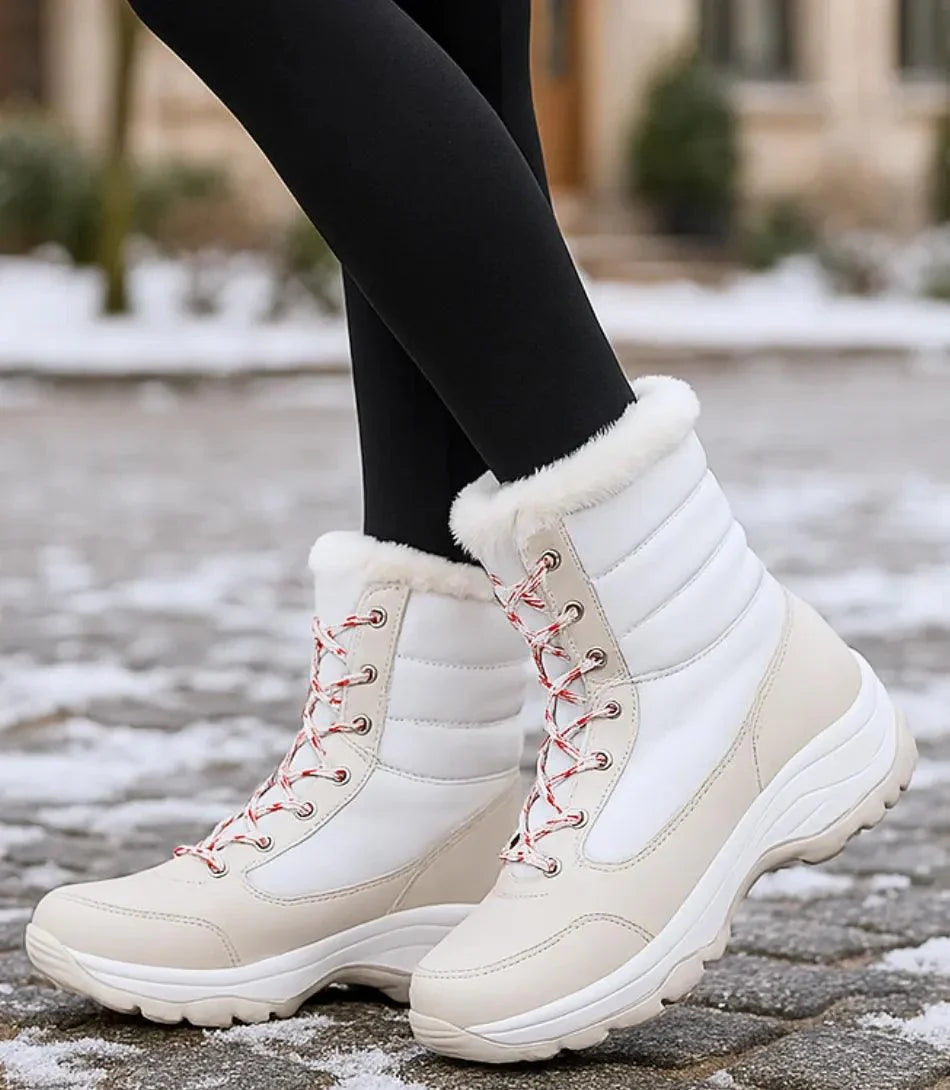 Damen wasserdichte Winterstiefel in Schwarz mit Pelzbesatz und Schnürung
