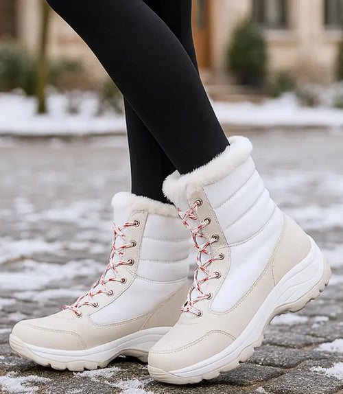 Damen wasserdichte Winterstiefel in Schwarz mit Pelzbesatz und Schnürung