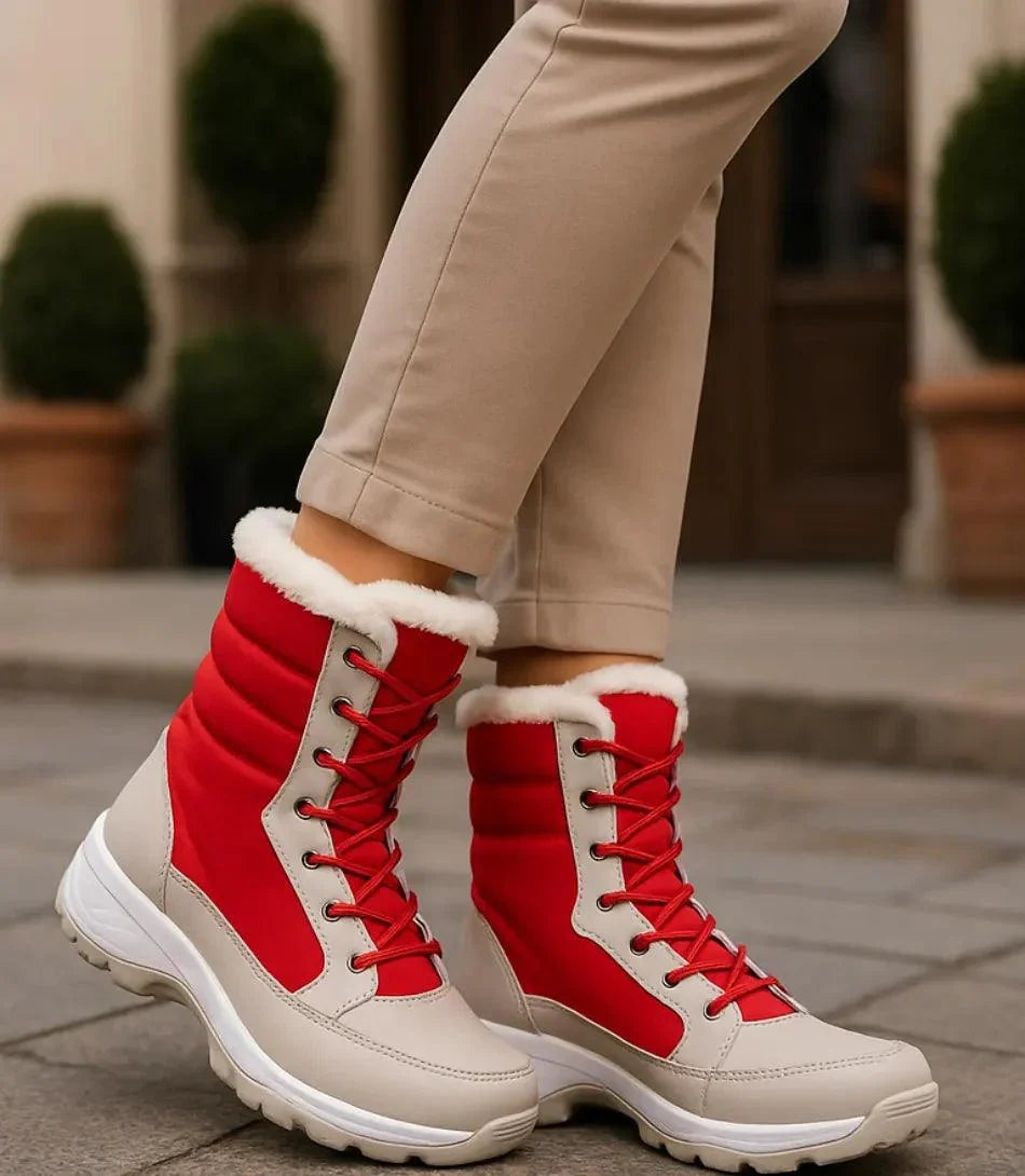 Detailansicht Pelzbesatz und Schnürung der Damen-Winterstiefel