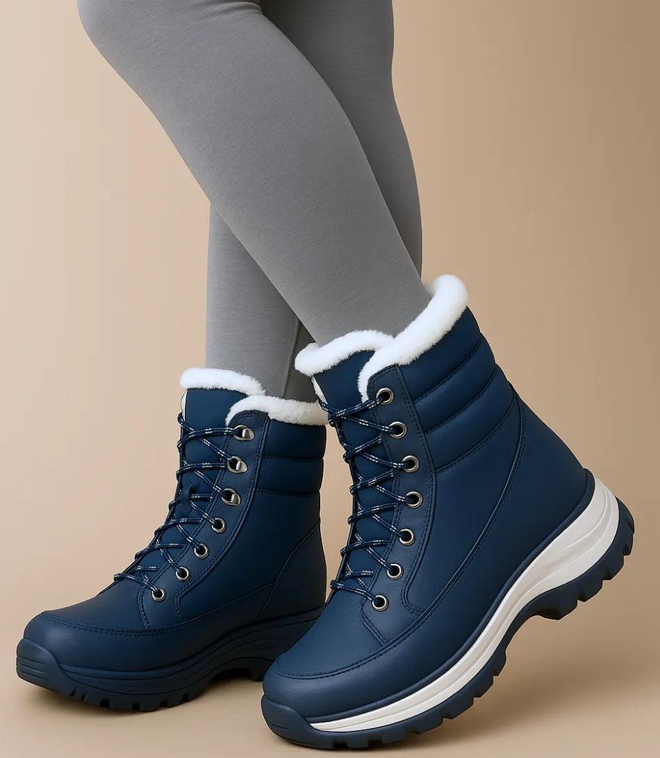 Damen Schneestiefel in Rot mit Pelzbesatz und Schnürverschluss