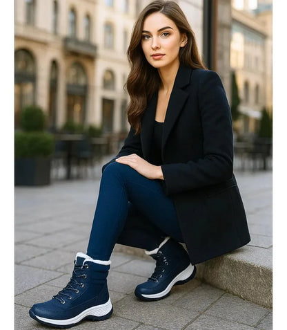 Damen Winterstiefel Schwarz-Weiß mit gestepptem Schaft und Pelzbesatz