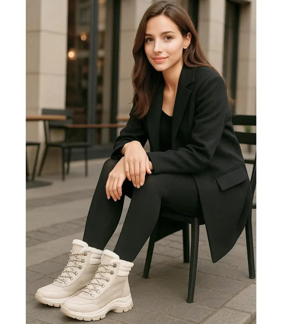 Damen wasserdichte Schneestiefel in Beige mit Pelzbesatz und Schnürung