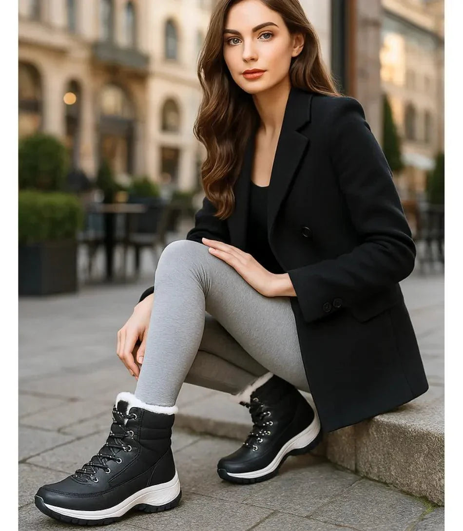 Elfenbeinfarbene Damen-Winterstiefel mit Thermofutter und Plateausohle
