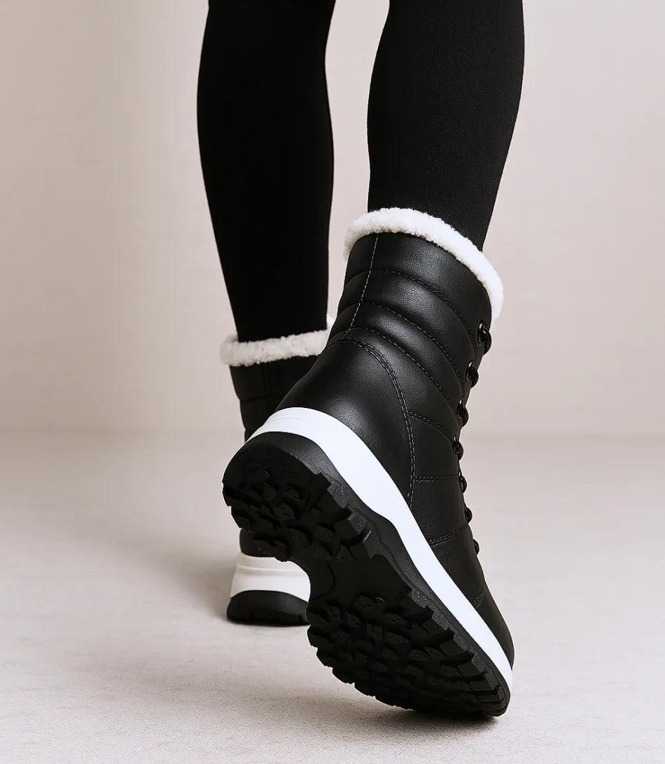 Damen wasserdichte Winterstiefel in Navy mit Pelzbesatz und Schnürung